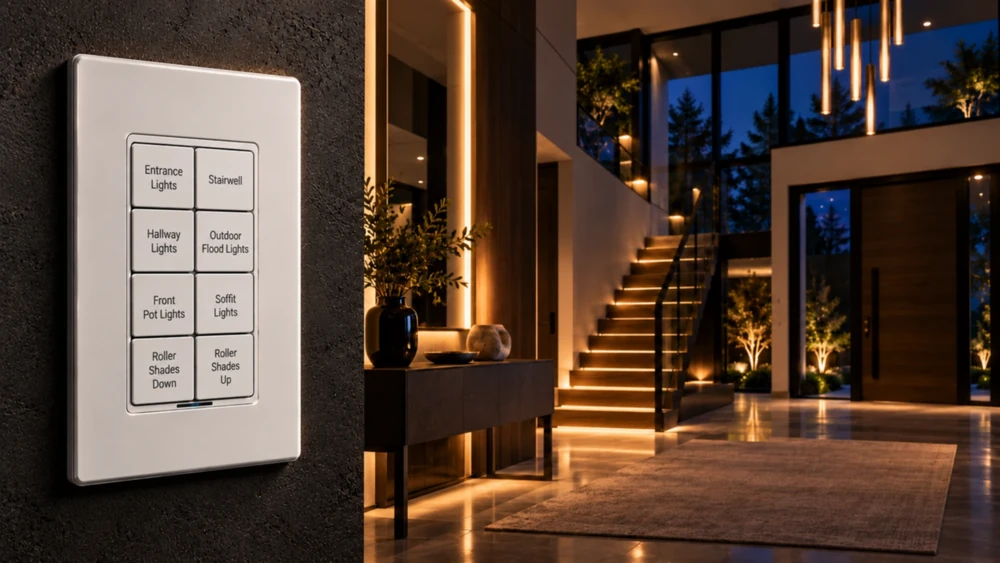 Eight-button keypad laser-etched with Entrance Lights, Stairwell, Hallway Lights, Outdoor Flood Lights, Front Pot Lights, Soffit Lights and Roller Shades Down and Up, beside a softly lit entrance hall at night