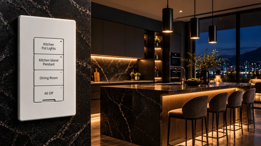 Four-button keypad etched Kitchen Pot Lights, Kitchen Island Pendant, Dining Room and All Off, on a black marble wall beside a kitchen island at night